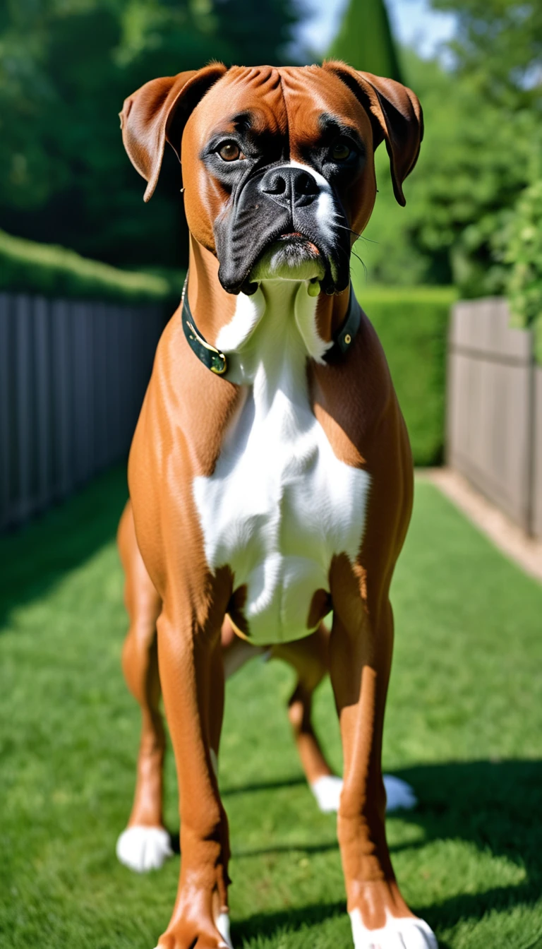 There is no one, realistic photo, photo realism, realism, boxer (Boxer), perfect composition, intricate details, Very sharp, masterpiece, profile, high resolution, looking at the viewer, Full body photo in garden background