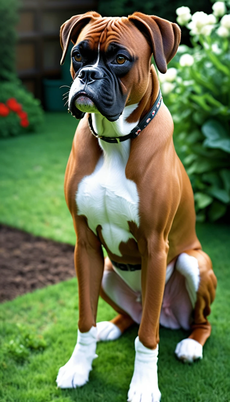 There is no one, realistic photo, photo realism, realism, boxer (Boxer), perfect composition, intricate details, Very sharp, masterpiece, profile, high resolution, looking at the viewer, Full body photo in garden background