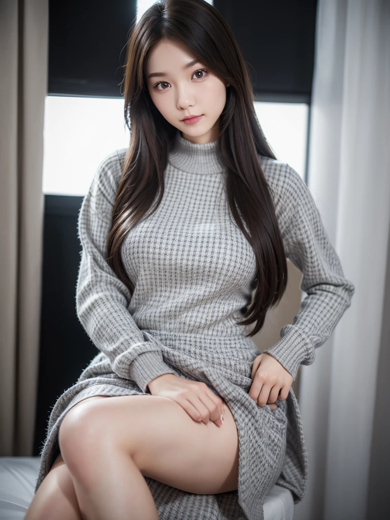 Grey Houndstooth Dress、(Highest quality)、((Very detailed))、4K、(8K)、masterpiece、Very detailedな、Highest quality、Super Resolution、1 person、Kind Face、Soft Light、RAW quality、Soft Skin、163cm、White Room:1.5、Thighs