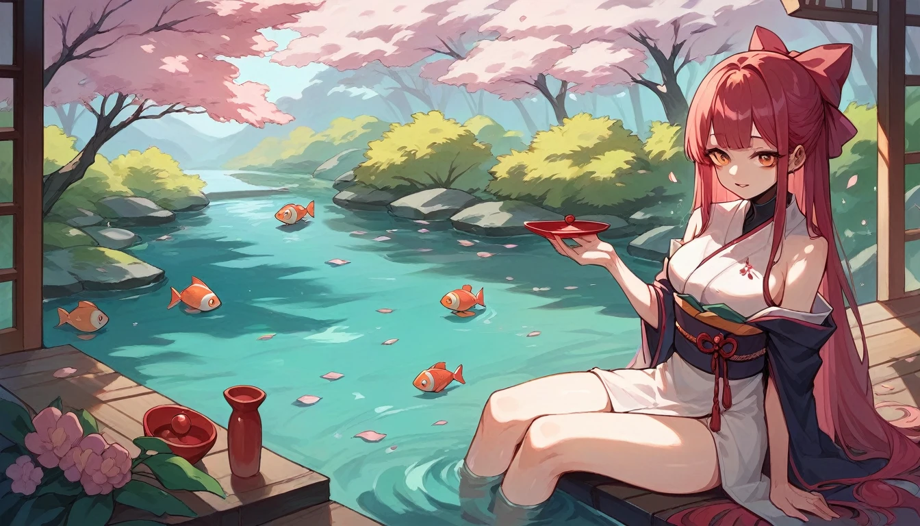 Robot in a Japanese garden: A contemplative humanoid robot sitting in a traditional Japanese garden, surrounded by cherry blossoms in full bloom and a pond with koi fish.