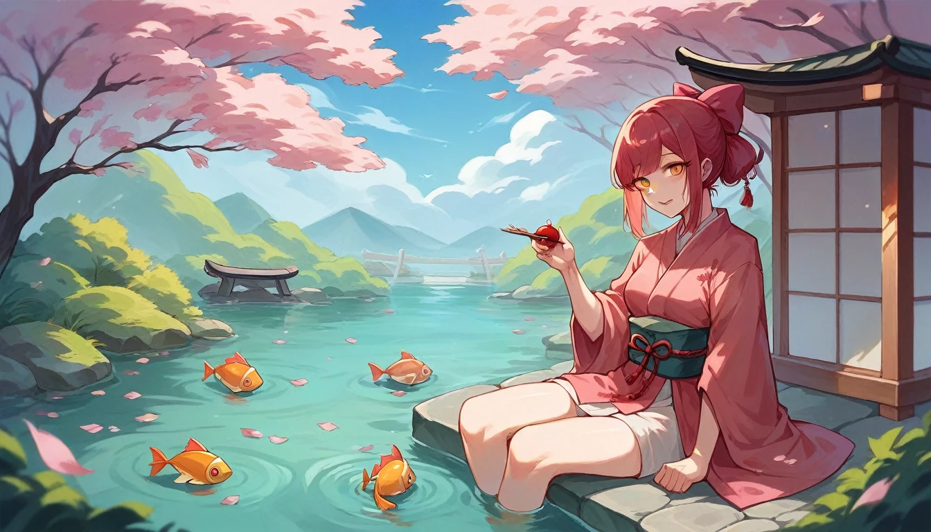Robot in a Japanese garden: A contemplative humanoid robot sitting in a traditional Japanese garden, surrounded by cherry blossoms in full bloom and a pond with koi fish.