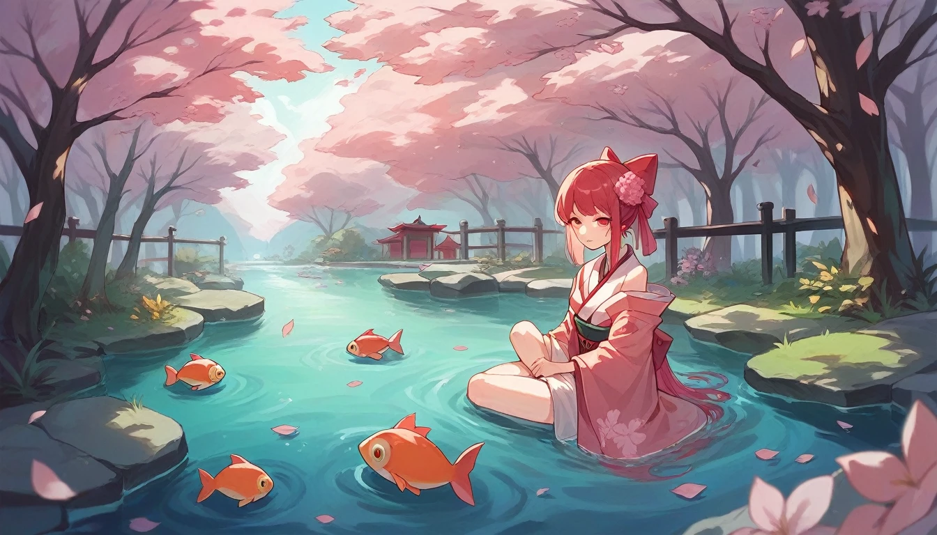 Robot in a Japanese garden: A contemplative humanoid robot sitting in a traditional Japanese garden, surrounded by cherry blossoms in full bloom and a pond with koi fish.