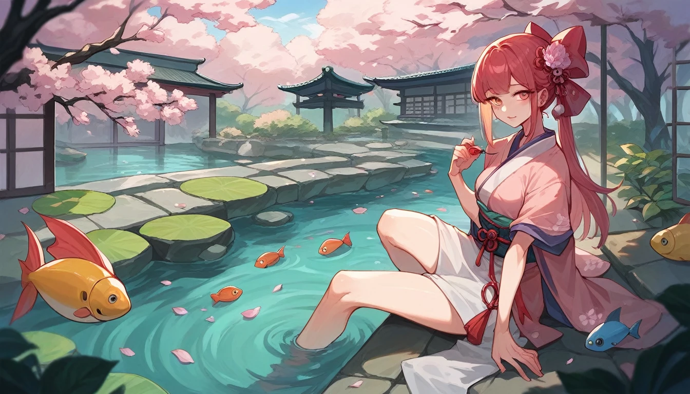 Robot in a Japanese garden: A contemplative humanoid robot sitting in a traditional Japanese garden, surrounded by cherry blossoms in full bloom and a pond with koi fish.