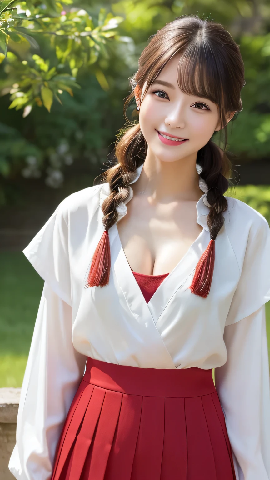 (masterpiece:1.3), (8K, Photorealistic, Raw photo, Best image quality: 1.4), Japanese schoolgirl、Take a full-body photo，Less exposure、Red long skirt，White kimono，Natural color lip，(Random Hairstyles:1.2)、Cleavage:1.2、Super detailed face、Attention to detail、double eyelid、Put your chest together、Sharp focus:1.2、Beautiful woman:1.4、Highest quality、masterpiece、超A high resolution、(Photorealistic:1.4)、Highly detailed and professionally lit smile、