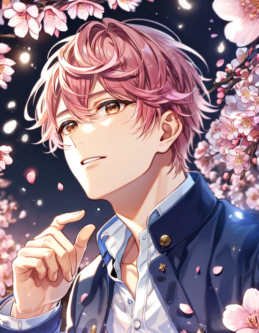 absurdres, highres, ultra detailed, HDR, master piece, Sato Mafuyu, brown-pink hair, expressive brown eyes, white shirt, blue jacket, Given, sexy man, handsome, best quality, blossoms, pink petals, pink flowers, fantasy, magical, blue shining fireflies, solo, blue and black clothes,