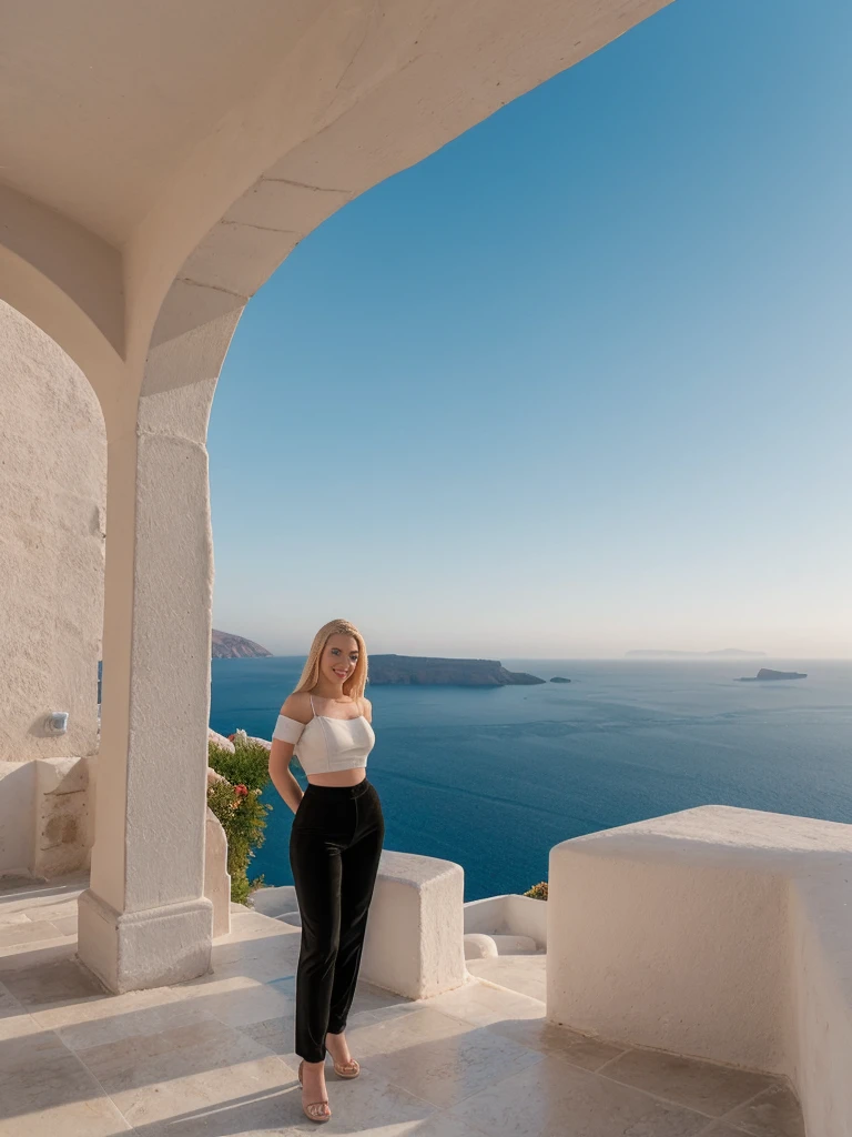 her name is Marie, 1girl, ((solo)), ((20-year-old curvy Caucasian woman)), ((20 years old)), ((fit)), , ((pale skin tone)), ((medium length straight blonde hair)), wearing A velvet corset top paired with wide-leg utility pants, smiling, pose: standing, background: Highlight the unique allure of the Santorini island in Greece, where white-washed buildings with blue domes overlook the azure Aegean Sea, and visitors enjoy stunning sunsets from cliffside viewpoints.