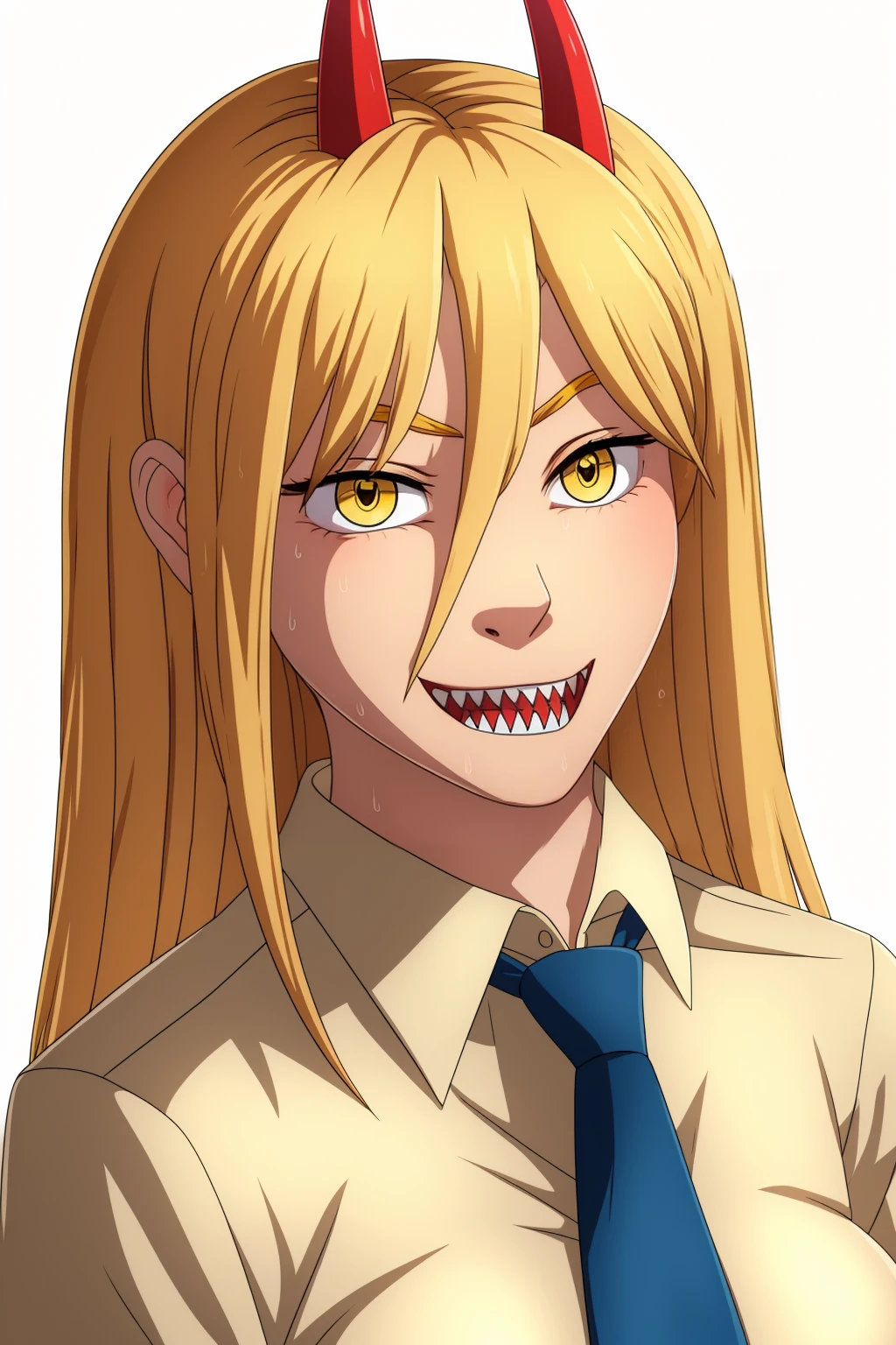 1girl, blonde_hair, yellow_eyes, 1girl, blonde_hair, yellow_eyes, a hot girl with bright red horns posing in a white shirt and blue tie, 1girl, solo, horns, breasts, shirt, cross-shaped pupils, sharp teeth, teeth, smile, white background, simple background, long hair, hair between eyes, white shirt,sneakers,  , looking at viewer, symbol-shaped pupils, blue jacket, open clothes, jacket, pink hair, red horns, grin, collared shirt, black pants,  upper body,unbuttoned shirt ,from above, ((full body)),lace bra ,masterpiece 