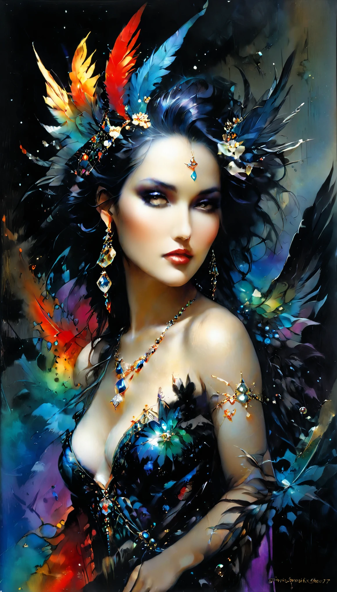 fantasy,mysticism,gothic,horror,glitter,bright color ink illustration,mixing of styles,Vallejo,Kajimo,starry canvas,sparkles,diamond dust, glass fragments, aesthetically pleasing,beautiful,close-up, professional photo,64k,high resolution, high detail,the number of the Archangel 777,evil gaze,mother-of-pearl rainbow feathers, Diamond Foundation, realistic, pixel graphics, bright lighting