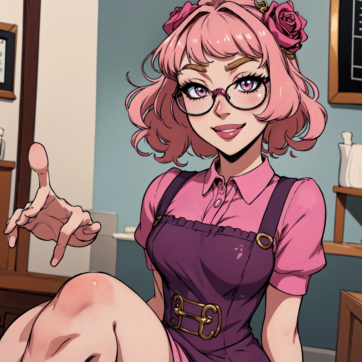 {-erro_de_anatomia:1.0}(best quality,4k,8k,highres,masterpiece:1.2) Anime girl tuxedo with curly hair, hazelnut hair and round gold glasses, rose gold eyes. Guviz style art, attractive detailed art style, Charlie Bowater Style, 1 7 - year - old cute anime girl, detailed manga style, detailed anime character art, germ of art. High detail, stunning manga art style. Rose dress. (pink dress) . Wearing rose gold Victorian clothing, dynamic poses, smile. Different Pose, upper body, sitting