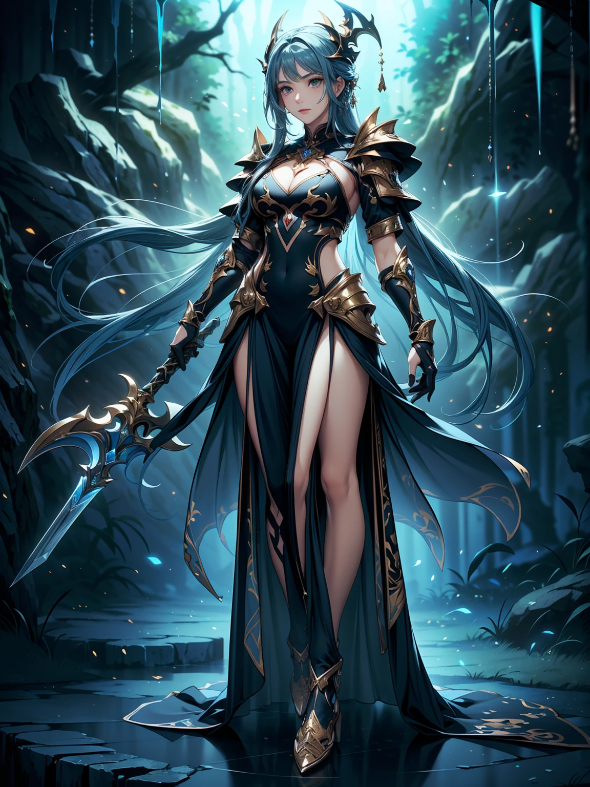 (((masterpiece, highest quality, 8k)))(((masterpiece, best quality, high detailed, 8k))) Design a layout showcase Gaming character, (1girl). Red+Black full body armor, stylish and unique. ((showcase weapon:1.4)), enchanted sword. (masterpiece:1.2), (best quality), 4k, ultra-detailed. (Step by step design, layout art:1.5), (luminous lighting, atmospheric lighting). warrior, ((glove full hands)), (((revealing clothes:1.3))), vambraces, armored legwear, (((full_body_shot:1.4))). {In a mystical forest}.