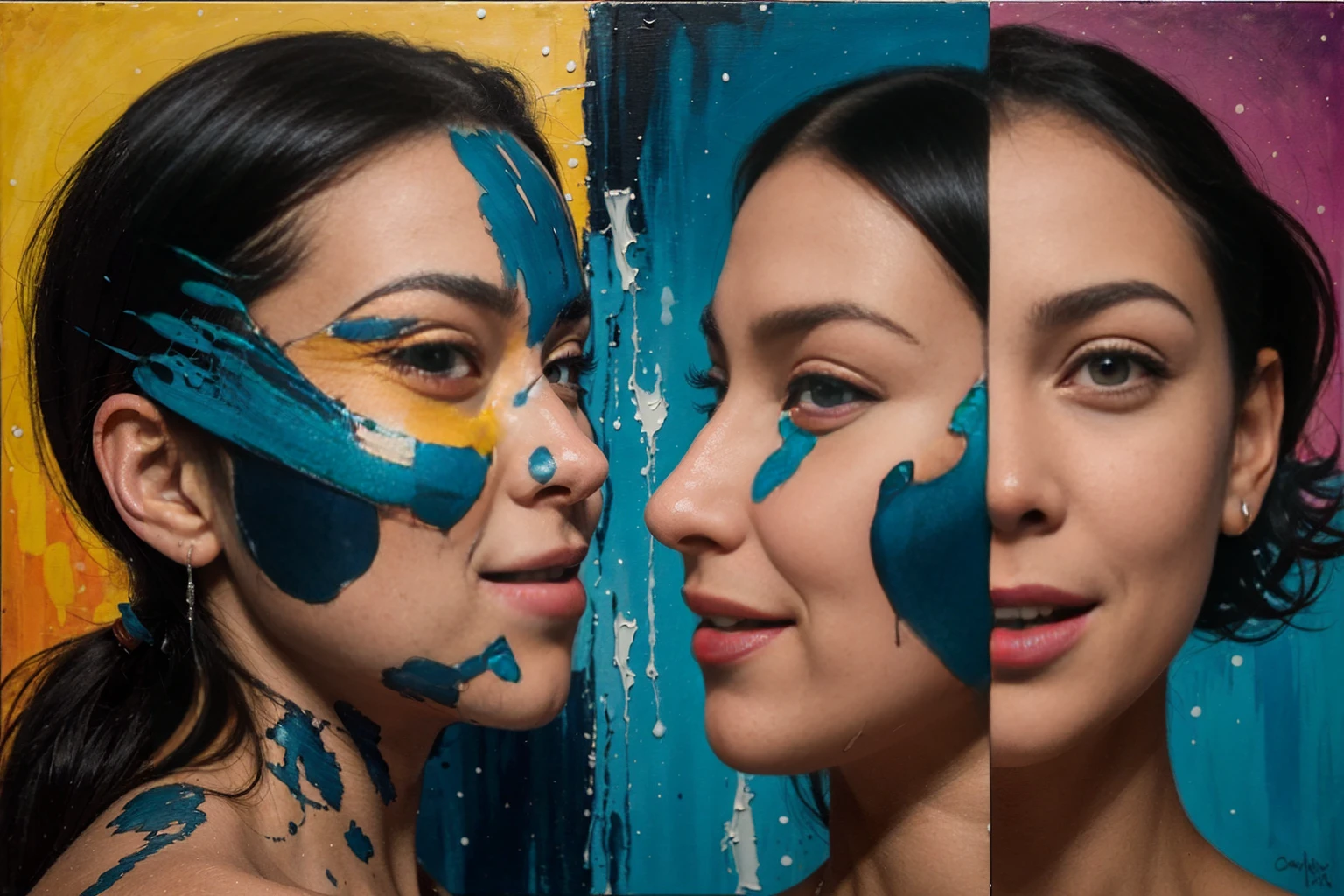 representation of a fight between happiness and sadness as an abstract painting in vibrant colors; two opposing faces: a happy face and a sad face; the madness encompasses the entire image;