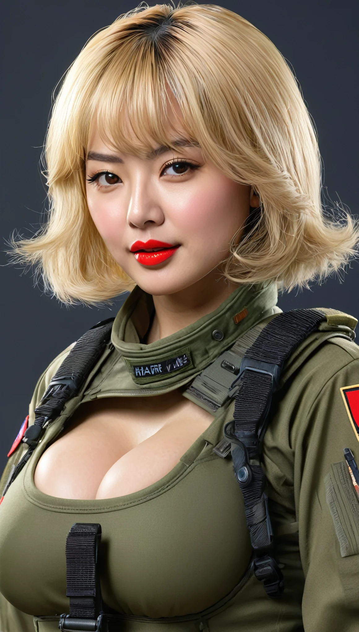 (((Hyper Real)))、(((超未来的な陸軍Female Soldier)))、きれいなFemale Soldier High resolution Realistic (((blonde mature)))、(((Big big boobs)))、Fine skin、超High resolution、Realistic、Plump figure、smile、Beautiful middle-aged woman、Beautiful female army soldier 、Beautiful brown eyes、Fluffy long hair、非常に繊細でFine skin、35Former Army soldier woman、(A very futuristic command center.)、Female Soldier、(((Big big cleavage)))、Bright red lips、(Wearing combat uniform)、