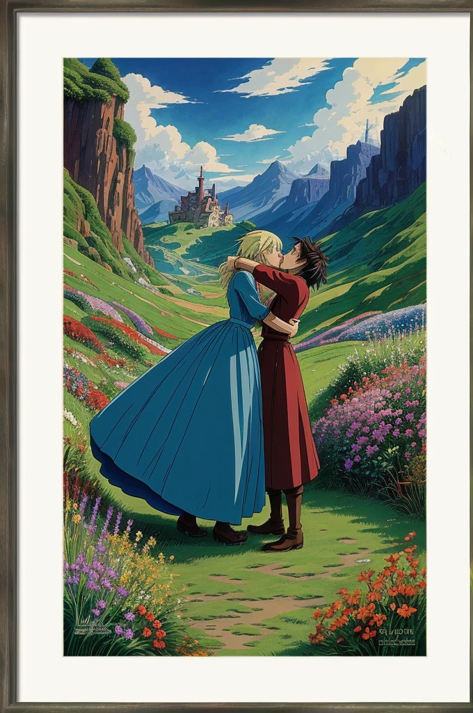 Howl's moving castle. Create a picture of howl and sophie from moving castle, in which they kiss. The background is a colorful landscape, and the photo is framed by an old frame 