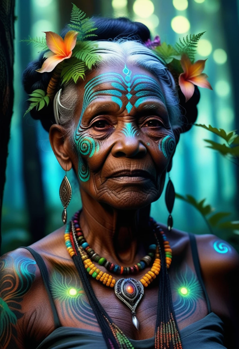 Generate an image of an old woman, similar to an avatar, with black skin adorned with intricate details., multicolored photoluminescent tattoos, surrounded by magical glow in a mystical forest. Convey an air of mystery and fantasy through your expressions and environments. super realistic details.