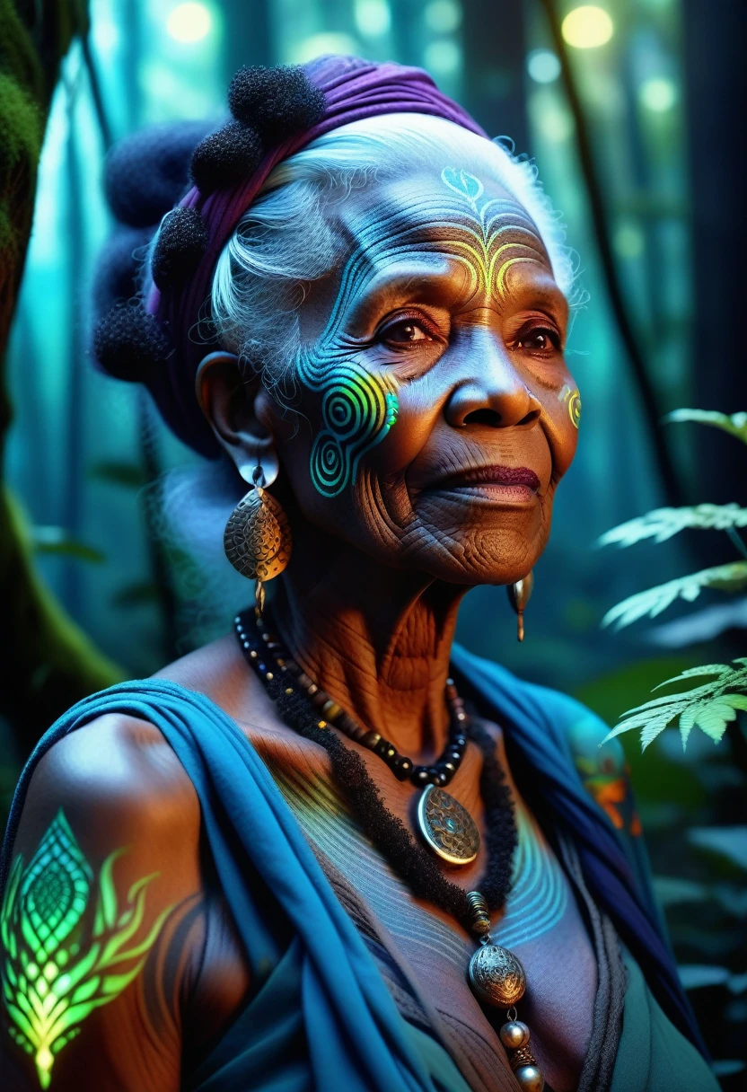 Generate an image of an old woman, similar to an avatar, with black skin adorned with intricate details., multicolored photoluminescent tattoos, surrounded by magical glow in a mystical forest. Convey an air of mystery and fantasy through your expressions and environments. super realistic details.