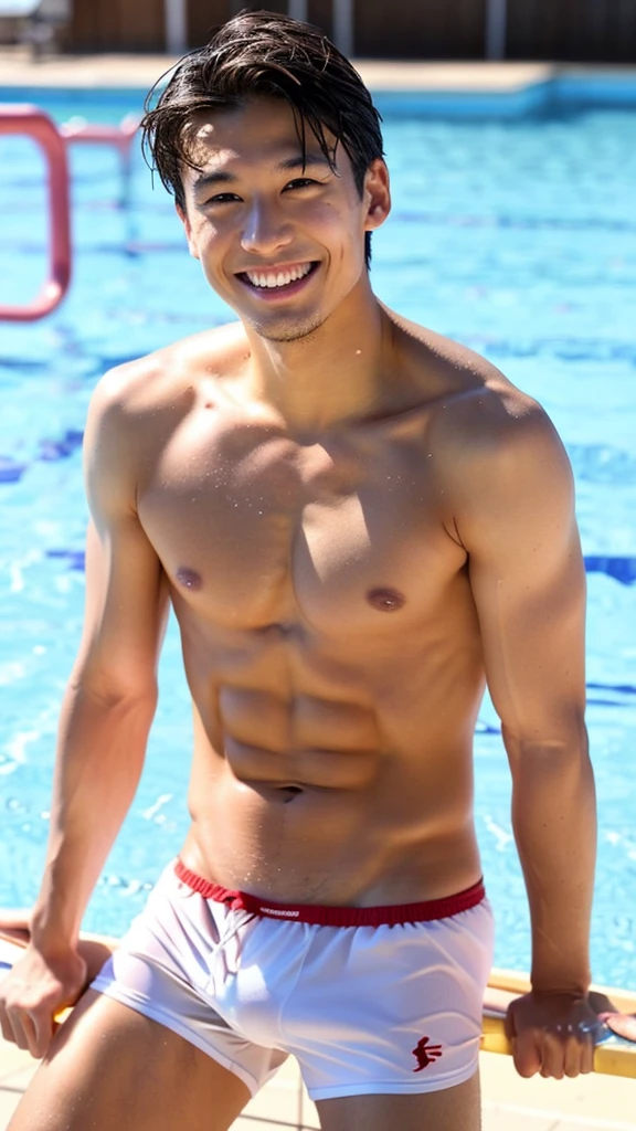male Age 31 swimwear lifeguard topless smile