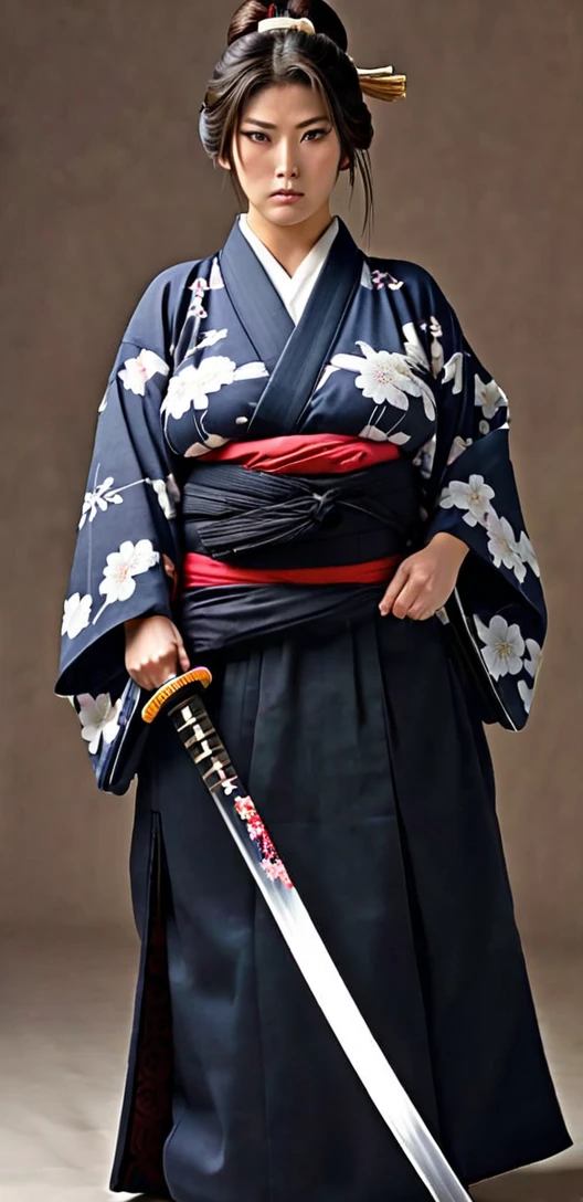 Samurai woman with gigantic round breast that are twice the size of her head, she has extremely wide hips, she wears a long dark hakama that covers her body, holding katana, she has a serious look on her face, ready for battle