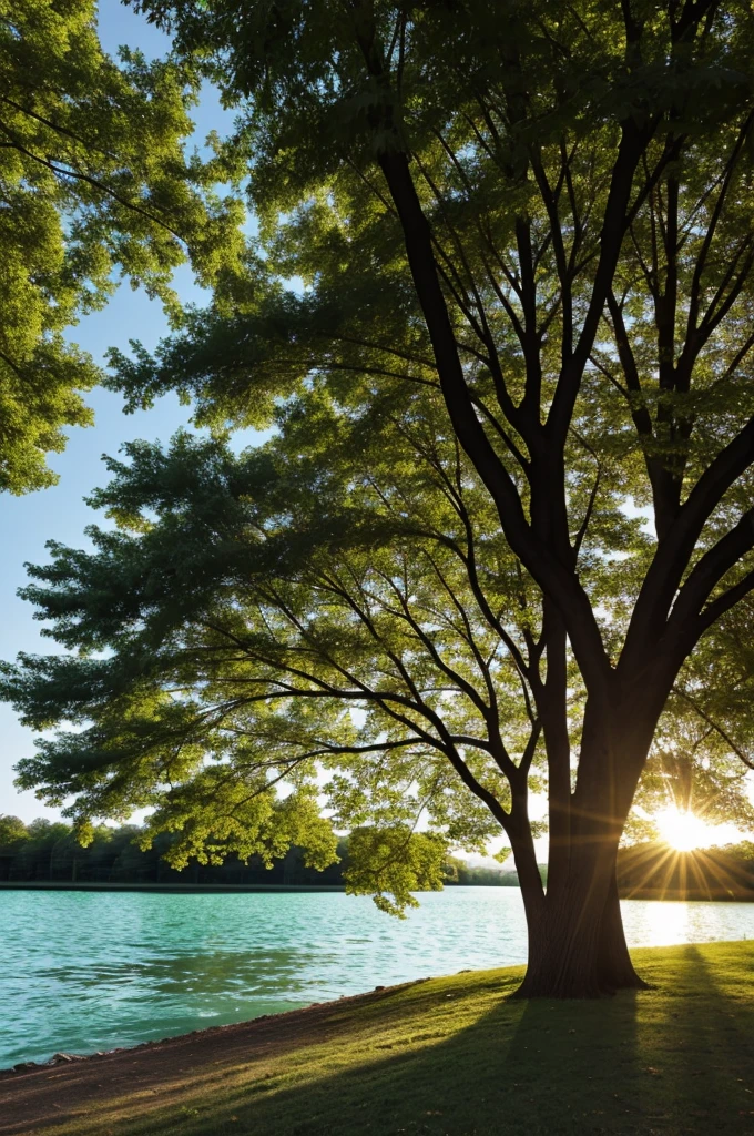 blue river tree green sun