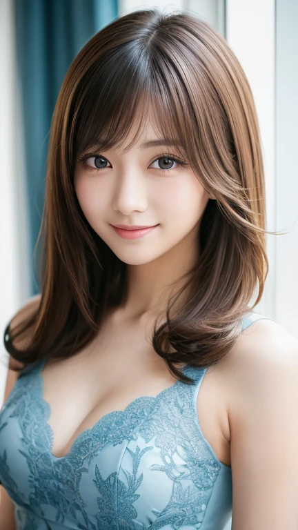 Highest quality、8k wallpaper、Reality:1.8、Photographed in natural light、View your viewers、background:Window in a white room、1 beautiful girl、Japanese Idol、30 years old、Beautifully detailed eyes、Detailed face、Beautiful Skin、Slender、Slim waist、Thin legs、Fancy hairstyle:1.8、Random hair color、Light Hair、The light hits her hair and it shines golden、Asymmetrical bangs、A blue lace dress、smile:1.4、Seductive pose