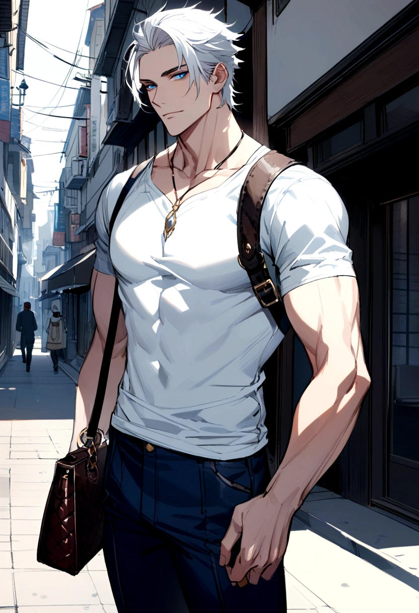 Very handsome male warrior., Short white hair, sharp, , blue eyes, Wearing a white T-shirt, Dark blue trousers, Leather Handbags,