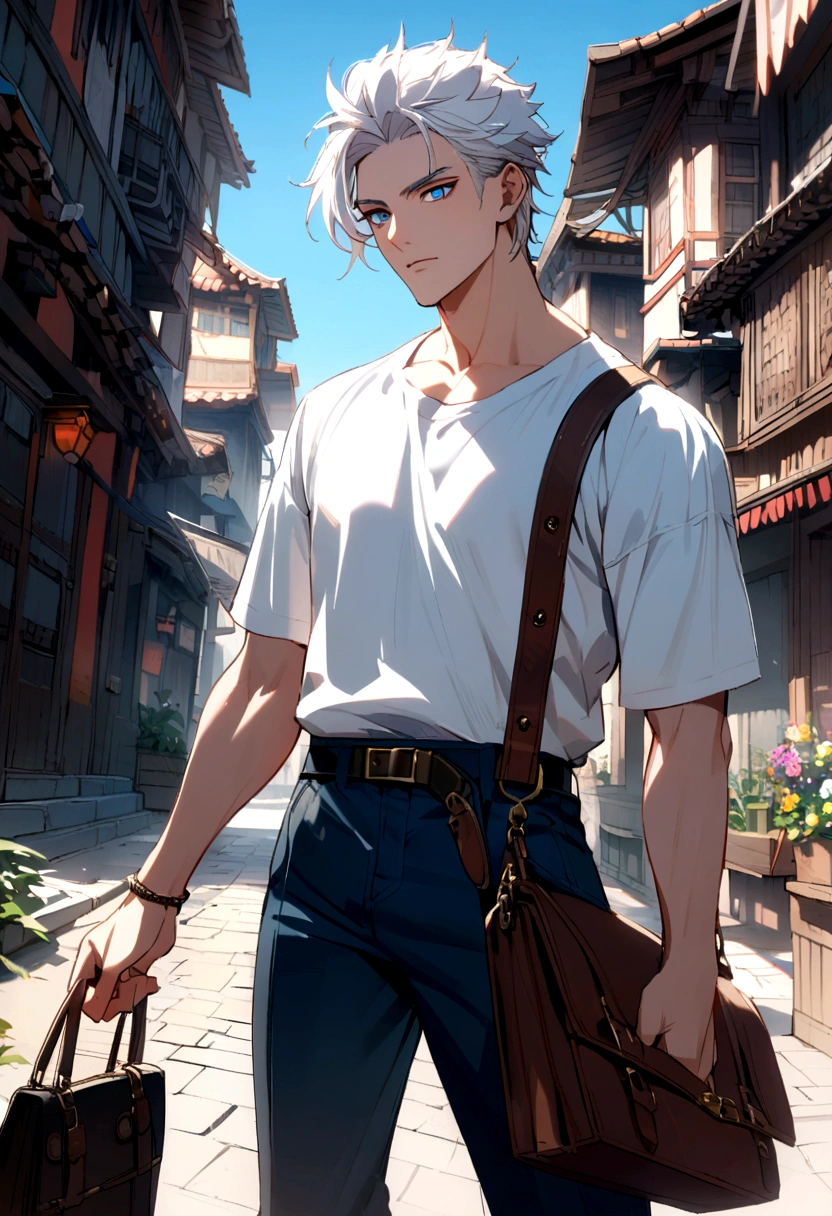 Very handsome male warrior., Short white hair, sharp, , blue eyes, Wearing a white T-shirt, Dark blue trousers, Leather Handbags,