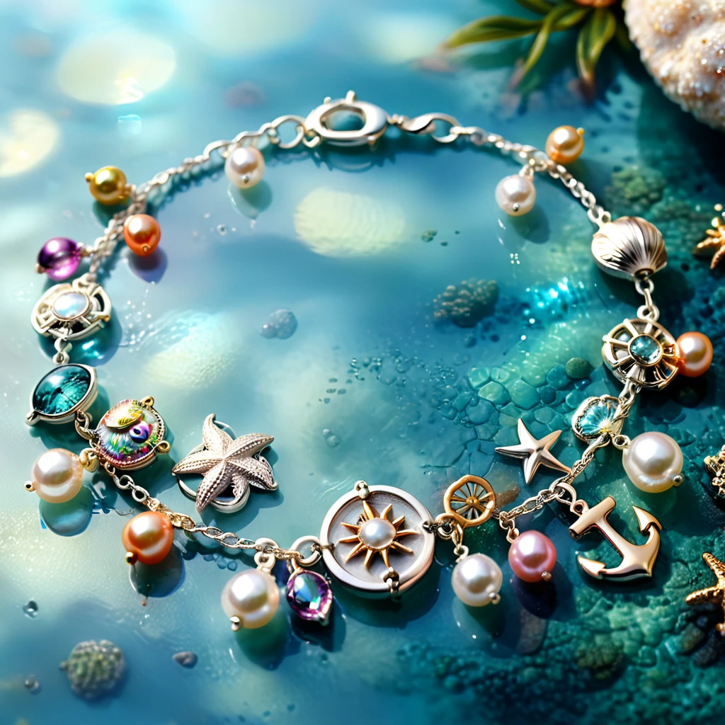 A shiny silver bracelet, marine-themed charms, pearls, transparent colorful beads, delicate thin chain, (best quality, 4k, 8k, highres, masterpiece:1.2), ultra-detailed, (realistic, photorealistic, photo-realistic:1.37), intricate jewelry design, exquisite craftsmanship, shimmering metallic, ocean-inspired, iridescent pearls, vibrant hues, delicate filigree, elegant accessory, feminine aesthetics, close-up, detailed texture, soft focus, warm lighting