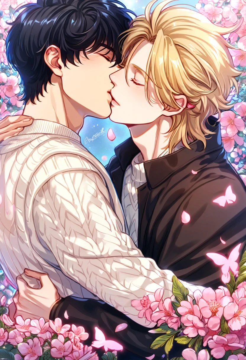 absurdres, highres, ultra detailed, HDR, master piece, best quality, Ash Lynx, blonde hair, closed eyes, banana fish, Okumura Eiji, black hair, closed eyes, two sexy men kissing, yaoi, gay couple, handsome, brown coat, white sweater, black coat, fantasy, shining, pink flowers, pink blossoms, pink butterflies, pink petals