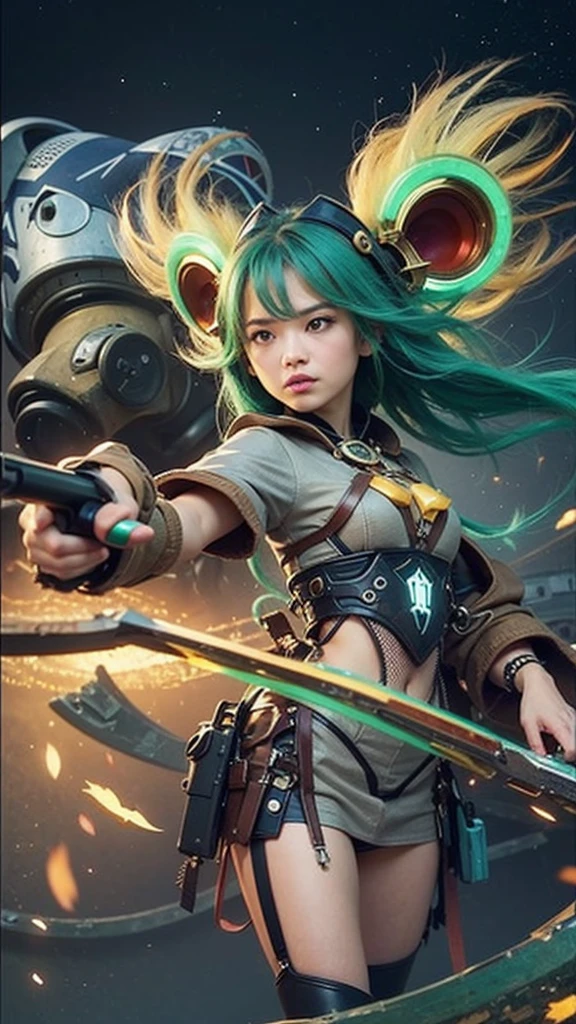 there is a woman cute standing in front of a giant robot, realistic