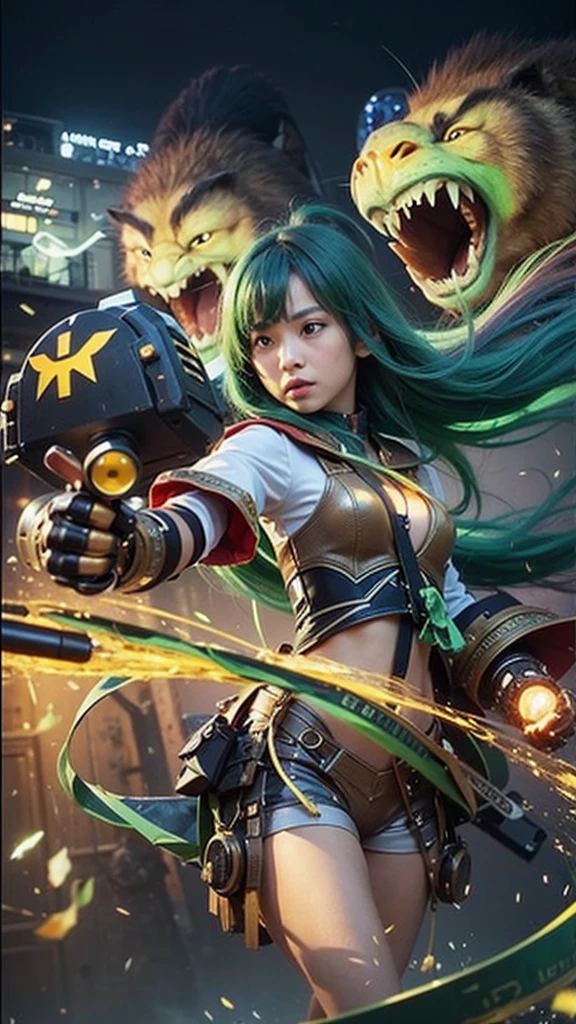 there is a woman cute standing in front of a giant robot, realistic
