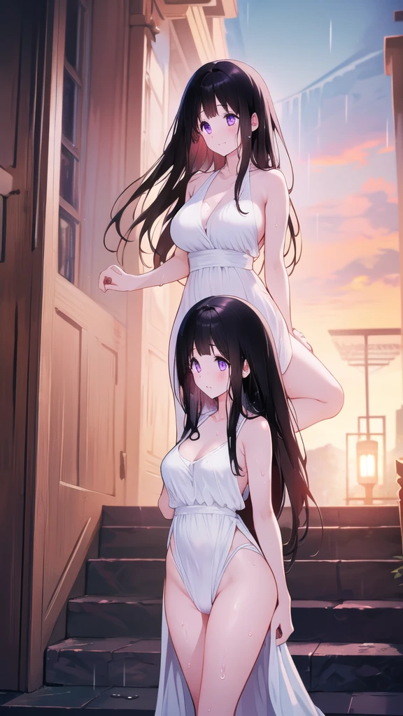 Beautiful Chitanda,只有一个beautiful girl,Purple Eyes, Black Hair, Natural straight hair, Straight bangs,Extremely refined,open your lips,Face is so red,Very white skin,Skin as delicate as porcelain,Glowing skin,big eyes,Flowing long hair,beautiful girl, Like a dream,Slim,Slim waist,Soft, (Sensual), (Kawaii), Dream quality,White Dress,High slit,Sweaty and sweaty,Wet skin,Profile,Side ,Underwear Rain,Standing on the steps in the air,(Completely naked),al groove,Completely naked的背部,nacip,very close,Deep V neckline,Loose neckline,Beautiful big breasts,No pae clavicle,Delicate hands and feet,Bare neck,There are no clothes around the neck,Bare thighs,Exposing the groin,Camel toe,extremely shy,Ultrsolution, (masterpiece:1.2, best quality), (Delicate and beautiful eyes: 1.2), (Beautiful and delicate face)