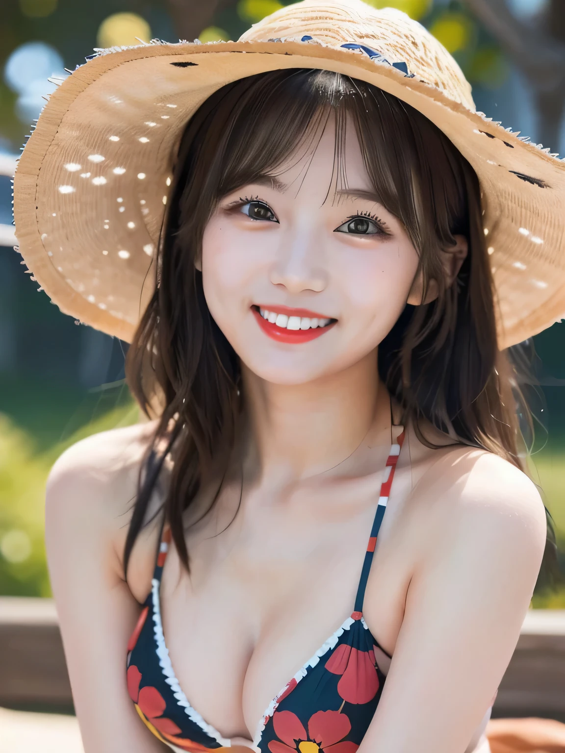 ((Real Photo:1.5)),Realistic、live-action、Real Face、Real Human Pictures、Cute Smile、looking at the camera、Staring at the audience、25 year old Japanese woman、Wearing a brightly patterned bikini、Red lips、Wearing a straw hat、Midsummer Beach
