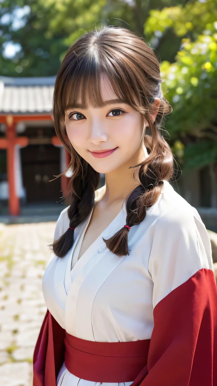 (masterpiece:1.3), (8K, Photorealistic, Raw photo, Best image quality: 1.4), Japanese girl、Take a full-body photo，Less exposure、Red long skirt，White kimono，Shrine maiden，prayer，Natural color lip，(Random Hairstyles:1.2)、Cleavage:1.2、Super detailed face、Attention to detail、double eyelid、Put your chest together、Sharp focus:1.2、Beautiful woman:1.4、Highest quality、masterpiece、超A high resolution、(Photorealistic:1.4)、Highly detailed and professionally lit smile、