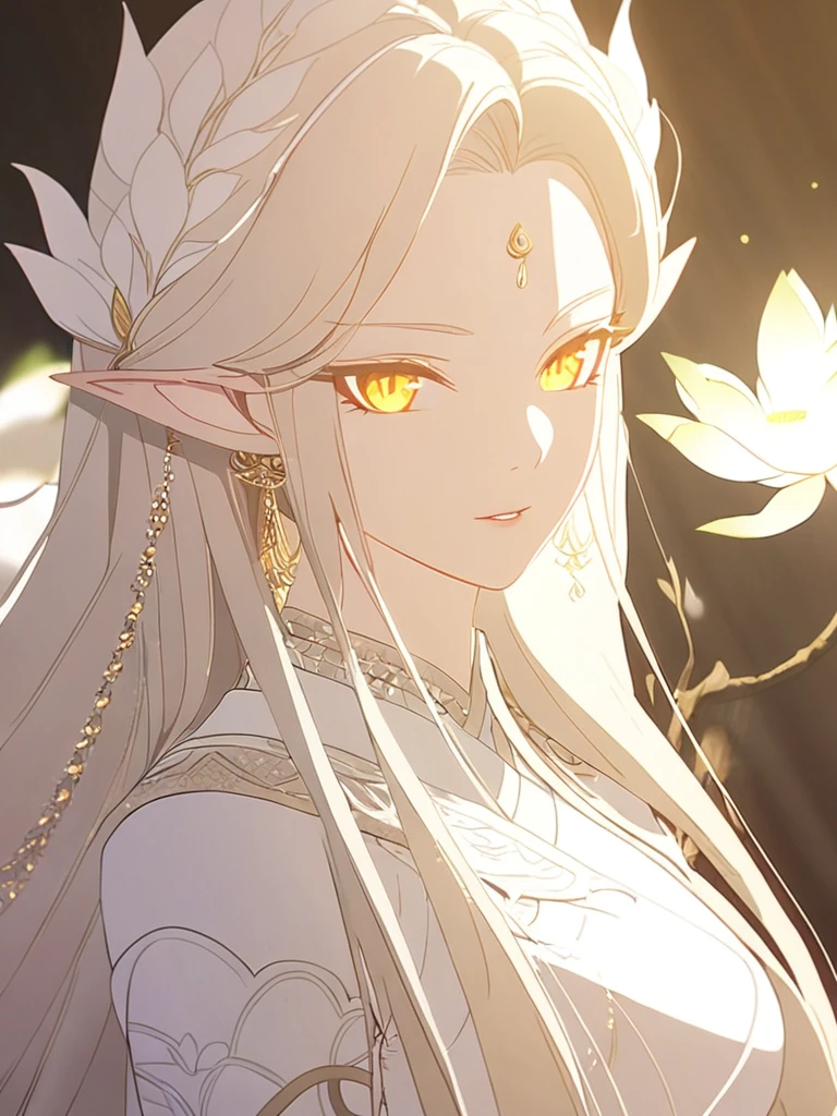 1woman, beautiful, elven, white god, white blonde hair, longest hairstyle, glowing yellow eyes, white lotus, white princess, elegant, traditional thai costume,