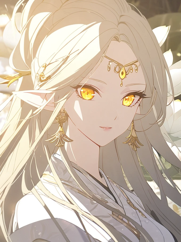 1woman, beautiful, elven, white god, white blonde hair, longest hairstyle, glowing yellow eyes, white lotus, white princess, elegant, traditional thai costume,