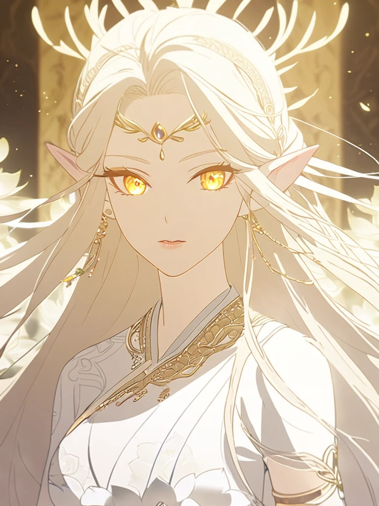 1woman, beautiful, elven, white god, white blonde hair, longest hairstyle, glowing yellow eyes, white lotus, white princess, elegant, traditional thai costume,
