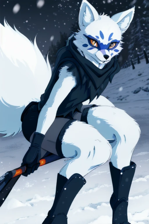 Alopex, arctic fox, furry, blue marks face, tmnt, smile, orange eyes, girl1, solo, snow, park, black cloak, black shirt, fox tail, black shorts