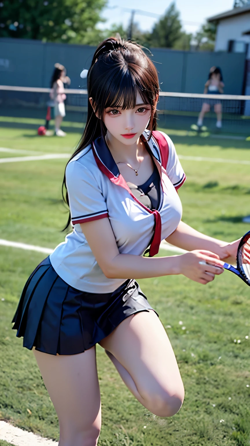 (Very delicate and beautiful:1.2)super model,,Big Breasts,Beautiful breasts,voluptuous,【bike shorts】,,【3girls】,,Highest quality, High resolution, 8K,Kick in a hurry,Tennis Wear.mini skirt