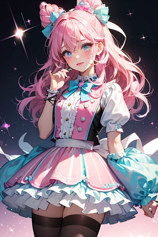 Pranksta has Caucasian skin with pink lipstick and blushed cheeks. Her eyes are turquoise, and she has frizzy hair that sticks up, divided into three colors. The right is pink, the left light blue, and her bangs are light purple. She wears a large white bow on her head. Her eyes, hair, and hair bow are glittery. While her bow gains large black dots, she gains black tattoos beneath her eyes and pink hearts on each cheek. Her lipstick is lightened and her blush is a faint red.
She now wears a glittery light blue top with a pink and black split vest. Her skirt is color swapped and coated in glitter with a black frill lining and bows of light blue. These are paired with pink tights, one striped with white, the other black, paired with glittering pink or light blue sneakers with yellow strings. On each wrist is a spiked bracelet, one white, the other pink. SPARKLE; GLITTER