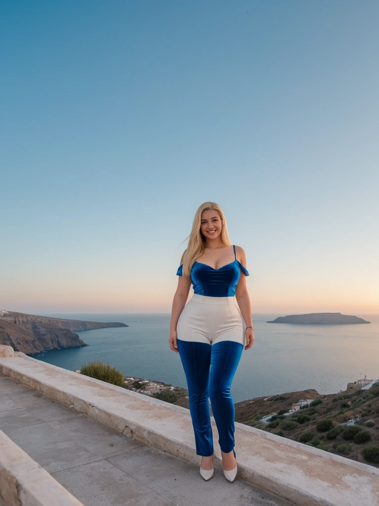 her name is Marie, 1girl, ((solo)), ((20-year-old curvy Caucasian woman)), ((20 years old)), ((fit)), , ((pale skin tone)), ((medium length straight blonde hair)), wearing A velvet corset top paired with wide-leg utility pants, smiling, pose: standing, background: Highlight the unique allure of the Santorini island in Greece, where white-washed buildings with blue domes overlook the azure Aegean Sea, and visitors enjoy stunning sunsets from cliffside viewpoints.