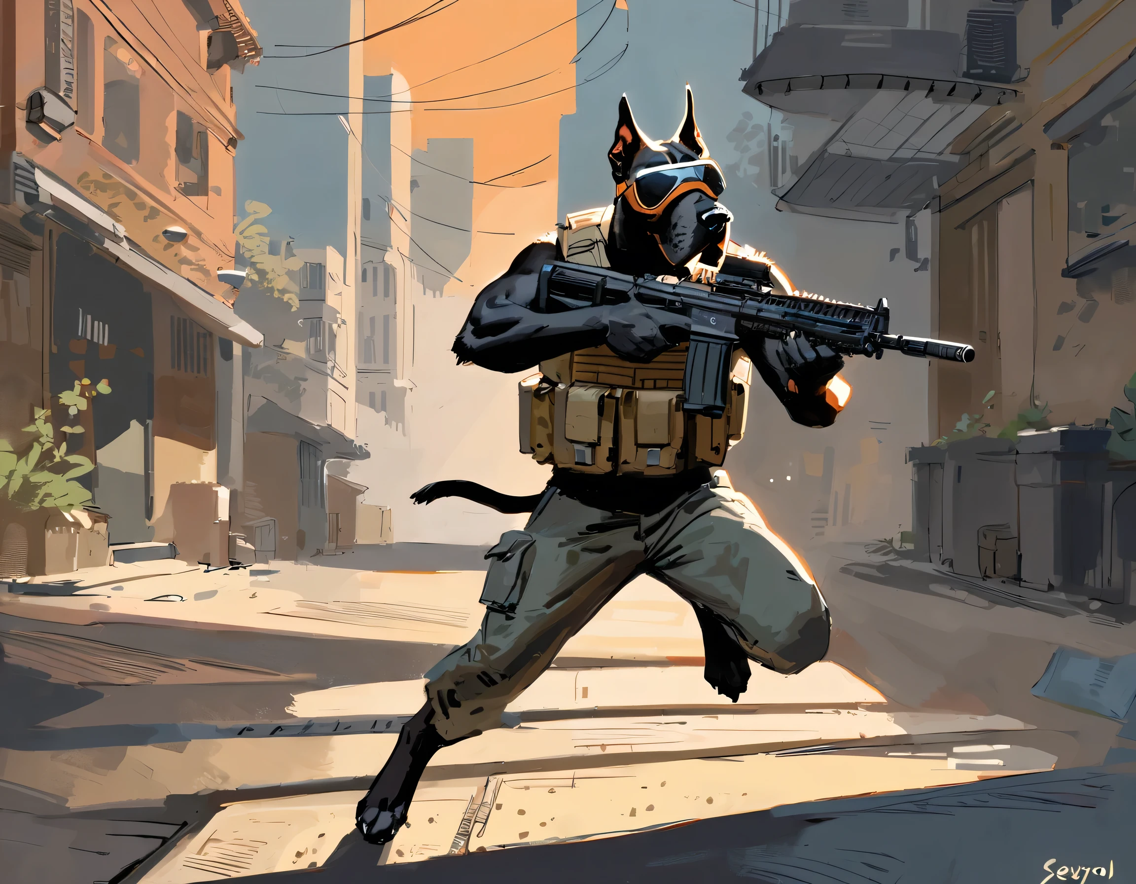 (Great Dane), (solo), male, anthro, digitigrade, (by seyorrol), (tail:1.1), (perfect hands), ((intricate detailed background, urban street background, dusk)), mysterious shadows), realistic shading, (epic, masterpiece, high quality, 8k, ultra HD, absurd res, top quality, best quality, max quality, masterpiece), ((thick fur, (masculine body))), correct anatomy:1.2, sexy, bullet proof vest, confident, running, pants, ((((wearing black doggles)))), aiming rifle,