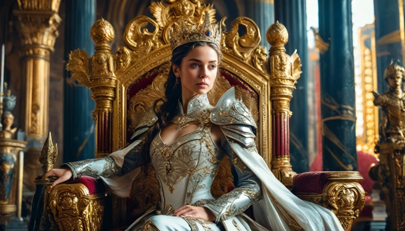 full body, realistic photo of the queen of a fantasy kingdom wearing a crown sitting on a throne chair, SURROUNDED BY ((POWERFUL SOLDIERS WHO FAITHFULLY GUARD HER ))with armour, with a magical face looking at the camera, in a magnificent royal palace, very realistic photo,relastic, sharpness and smooth picture look so hd