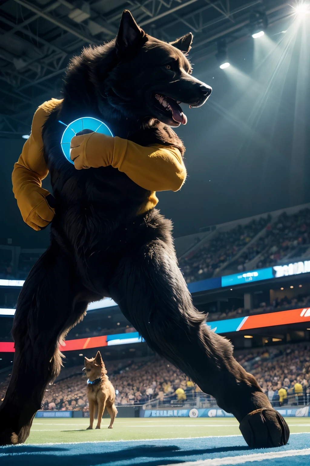 imagine prompt: A powerful futsal team mascot, A strong German shepherd dog with sculpted muscles. Semi-human features enhance his ferocity. Dressed in a short-sleeved, black uniform with two vertical stripes, yellow and blue, it exudes power and determination. The scene takes place in a busy sports arena, the air alive with the energy of the crowd. The sun's rays filter through the stands, creating pockets of warm light. The lawn beneath the mascot's feet vibrates with excitement. The atmosphere is electric, full of expectation and competitive spirit. Emotions are running high as the team's mascot pumps up the crowd. The atmosphere crackles with intensity and enthusiasm, each spectator united by their love of the sport and the team. The lighting effect is dramatic, with spotlights following the mascot's every movement. Spotlights cast deep shadows, reinforcing its imposing presence. Blue neon lights dance in the background, adding a futuristic touch to the scene.