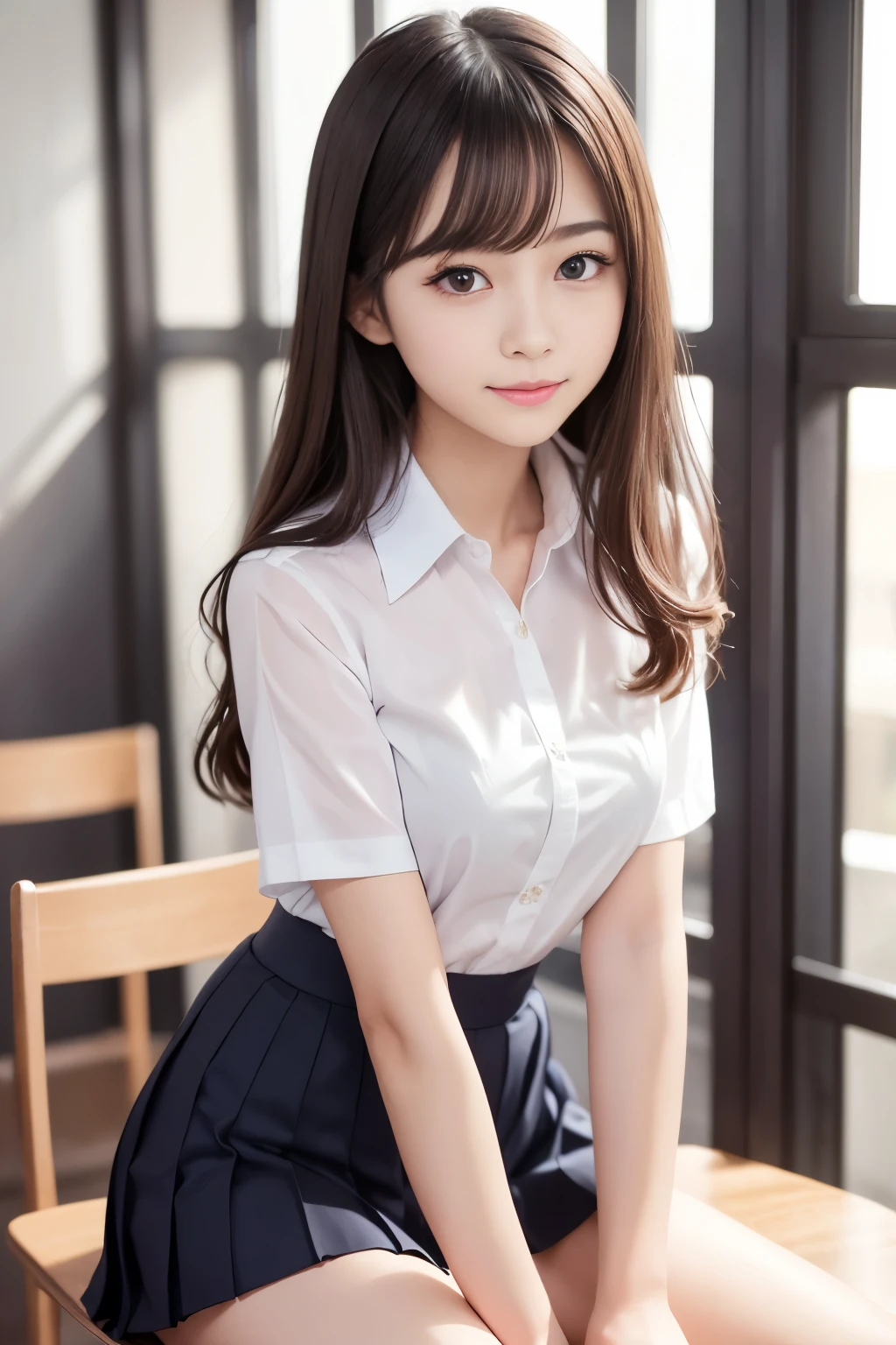 Highest quality、High school girls、16 years old, 8K、RAW Photo、(skin:1.2)、Ultra-high resolution、(lens:50mm)、(F/1.2)、Exquisitely drawn eyes、looking at the camera、Beautiful Face, (Fair skin), light makeup, (Thin eyebrows, Thin eyebrows), Slender body, (Medium chest, Beautiful body lines), (Big round eyes:1.4)、(Droopy eyes:1.2)、(Cute face with a smile:1. 3), 16 years old, Straight Hair, (Medium Hair, bangs, The hair is shiny), , Dark Eyes, 白いskin, Sexy pose, beautiful girl, 16 years old, Very beautiful student, White shirt, (See-through shirt, Short sleeve, The button on the chest comes off), Pleated skirt, (uniform:1.4), (School classroom background:1.1), Shallow depth of field