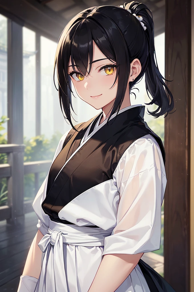 (masterpiece; best quality: 1.2), (finely detailed beautiful eyes: 1.5), ((1 male)), ((solo)), (yellow eyes: 1.4), (masculine; lean: 1.3), (short black hair in low ponytail: 1.3), (beautiful and clear background: 1.2), (extremely detailed CG + ultra-detailed + best shadow: 1.1), ((depth of field)), (clothes: all-black ronin hakama + white sash: 1.3), (anime illustration: 1.2), (background; old japanese mansion + night: 0.8), (extremely fine and handsome: 1.1), (shot composition; standing + close-up: 1.5), (expression; calm, smile: 1.2)