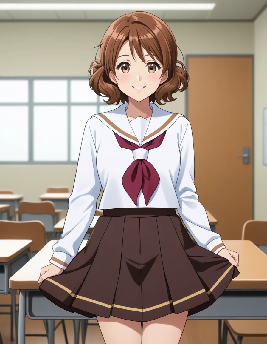 Highest quality, High resolution, masterpiece, (Beautiful Eyes), (Fine grain), Detailed face, kumiko oumae, Brown eyes, Brown Hair, short hair, Wavy Hair, smile, blush, skirt, shirt, Long sleeve, , pleated skirt, neckerchief, brown skirt, White sailor collar, brown shirt, Kitauji High , red neckerchief, indoor, classroom, Chair, machine, View your viewers, Cowboy Shot, (skirtを持ち上げる:1.5), (skirt that rolls up), (Panties in full view), (Wide pelvis), (Thick thighs), (White panties), nsfw