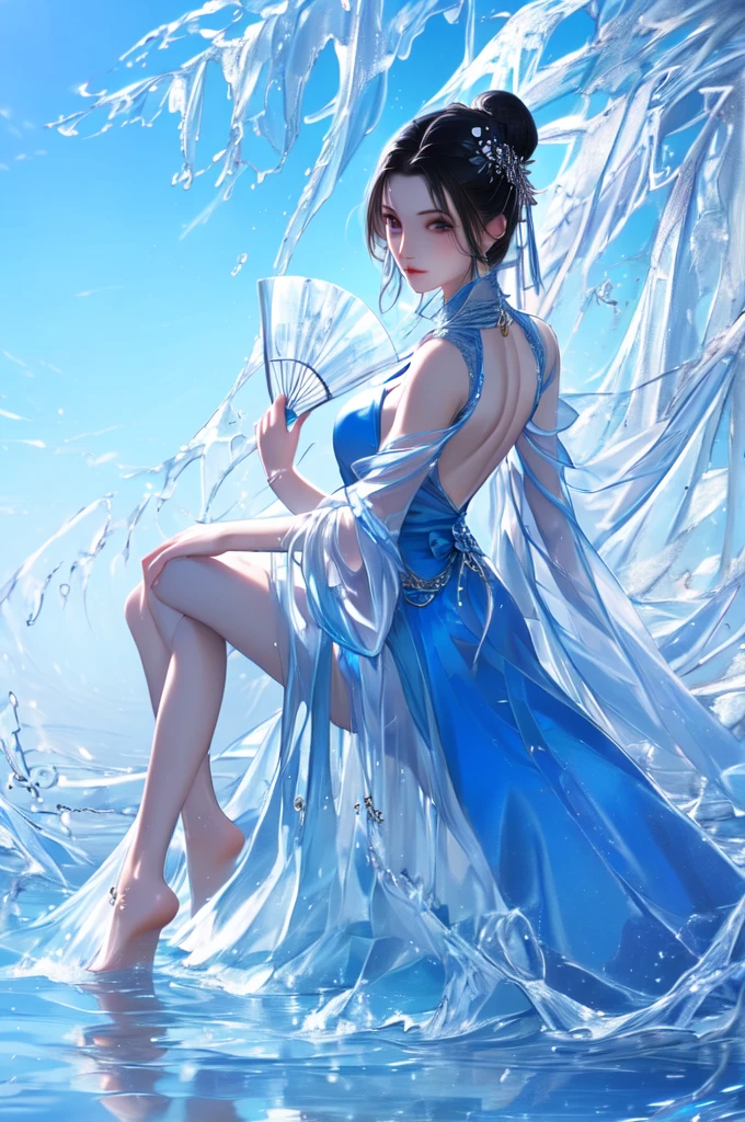 yushuishan, 1girl, water, dress, barefoot, solo, hair bun, bare legs, hand fan, blue dress, single hair bun, jewelry, black hair, full body, hair ornament, looking back,
Best quality,masterpiece,ultra high res,