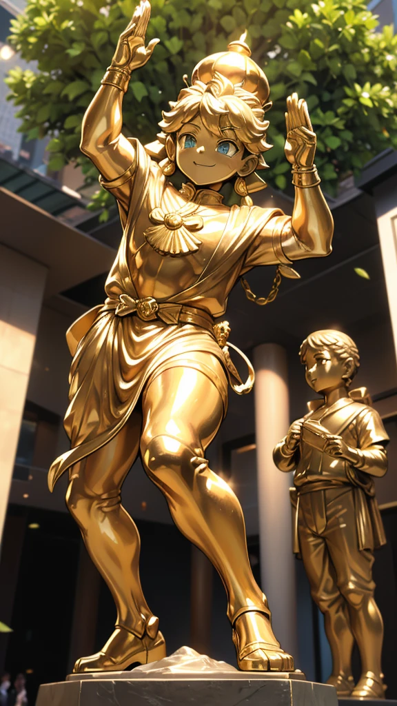 一个男孩的Gold statue旁边停着一只燕子。王子的Gold statue，Prince style，Prince costume，Court dress，Gold statue，男孩的Gold statue，带着黄金冠冕的Gold statue，脚边停着一只燕子的Gold statue，Golden Boy Statue，Gold statue，Cute boy，British style，Victorian style，crown，crown，Golden Boy Sculpture，Golden Boy Statue，Gold statue，shotaGold statue，Cute boy，shota，Cute boy，Cute boy，Giant golden statue，Giant golden statue，Outdoor Background，Smiling statue，Close-up above the waist镜头，Close-up above the waist