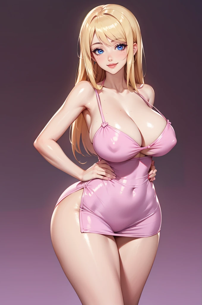 1girl, blonde hair, long hair, big lips, blue eyes, huge breasts, big smile, blush, nose blush, background, standing, cowboy shot, hoodie, centered portrait, thick thighs, pink doll dress, spaghetti strap, anime, hands behind back pose, thick thighs, wide hips, narrow waist, hourglass figure, bimbo, one foot up, armpits, rufffles