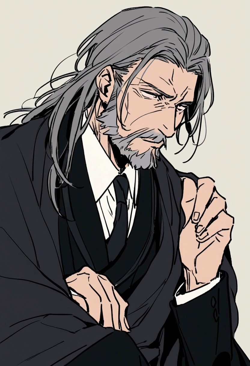 Hantei Ryuunosuke is an older man, the signs of greying already gracing his hair and short beard. Kimano