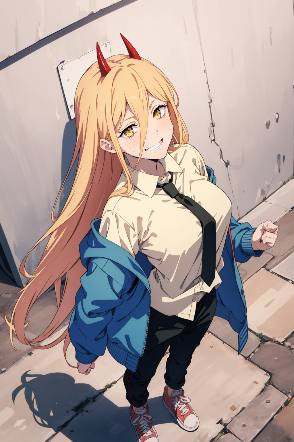 1girl, blonde_hair, yellow_eyes, 1girl, blonde_hair, yellow_eyes, a hot girl with bright red horns posing in a white shirt and blue tie, 1girl, solo, horns, breasts, shirt, cross-shaped pupils, sharp teeth, teeth, smile, white background, simple background, long hair, hair between eyes, white shirt,sneakers,  , looking at viewer, symbol-shaped pupils, blue jacket, open clothes, jacket, pink hair, red horns, grin, collared shirt, black pants,  upper body,unbuttoned shirt ,from above, ((full body)),lace bra ,masterpiece 